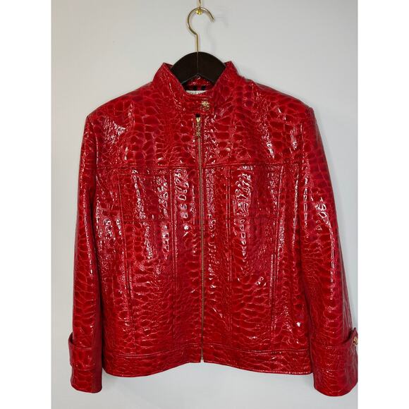 VTG St. John By Marie Gray Red Leather Women's Jacket Crocodile Embossed Sz 14